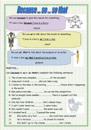 English Worksheet: Because, so and so that