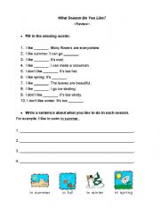 English worksheet: 4 Seasons Review + What season do you like sentence prompt