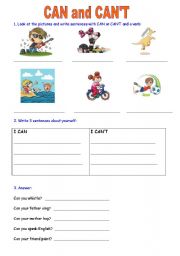 English Worksheet: CAN and CANT exercises