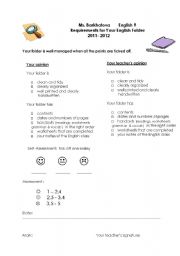 English Worksheet: Requirements for Your Students Folder (with Self-Assessment and Your Evaluation))