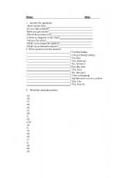 English Worksheet: questions and ordinal numbers