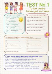 English Worksheet: Elementary Test :To be verbs, Have got, Have