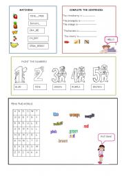 English worksheet: Fruits, Colors and numbers