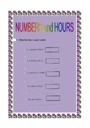 English Worksheet:  Numbers and hours