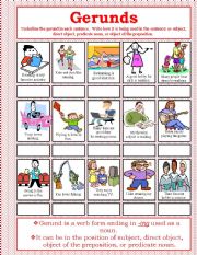 English Worksheet: Gerunds can be in the position of subject, direct object, object of the preposition, or predicate noun.