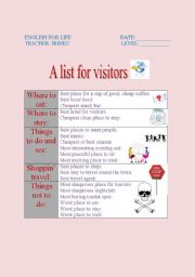 English worksheet: A LIST FOR VISITORS