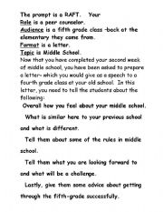 English worksheet: RAFT fifth or sixth grade letter or speech beginning of school year