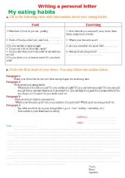 English Worksheet: writing a personal letter my eating habits