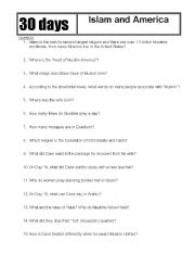 English Worksheet: 30 Days: Islam and America- Comprehension Questions