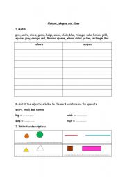 English worksheet: Colours, shapes and sizes