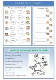 English Worksheet: Parts of the Body: Unscramble, write, answer the questions and colour!