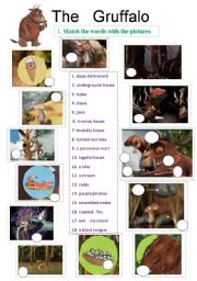 English Worksheet: The Gruffalo - animation ws - 4 pages - 8 exercises - editable