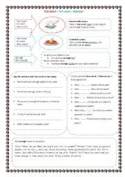 English Worksheet: quantifiers too much, too many