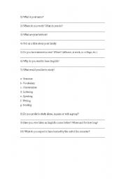 English worksheet: First day questionnaire