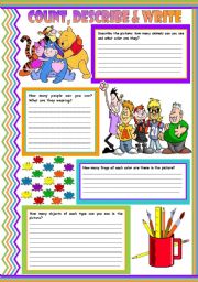 Count, describe & write: numbers  clothes  colors  school objects  animals  writing  description  4 easy tasks for beginners  fully editable