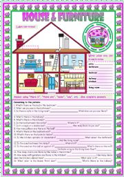 House & Furniture: vocabulary  there is  there are  can  prepositions 3 tasks  B&W version  teachers handout with keys  3 pages  fully editable