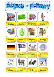 English Worksheet: school subjects - Part 1 = pictionary - editable