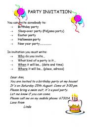 English Worksheet: party invitation