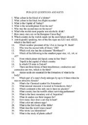 English Worksheet: Pub Quiz Questions