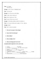 English worksheet: Practice verb to be, greetings and possessive adjectives
