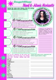Songs4Class: Thank U  Alanis Morissette (listening, vocabulary, abbreviations, giving suggestions, -ing after prepositions, prepositions practice) [9 tasks] KEYS INCLUDED ((3 pages)) ***editable