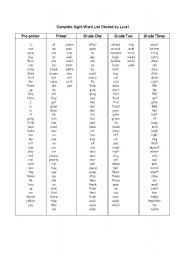 English Worksheet: Sight words - A complete list for Primary school