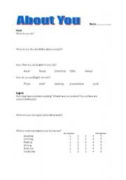 English worksheet: First Lesson Questionnaire