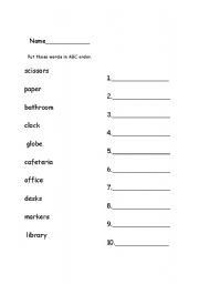 English worksheet: classroom vocabulary ABC order