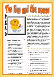 The Lion and the mouse.(3 PAGES)Reading.Answer the questions+ Meaning of words+label the adjectives+wordsearch+writing a letter+key