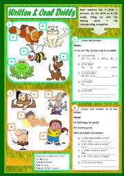 Written & Oral Drills  Vocabulary (animals, adjectives, food, weather) and grammar (to be, there to be, some / any) 4 exercises with 5 drills each  instructions for the listening [audio transcription included] ((4 pages)) ***editable
