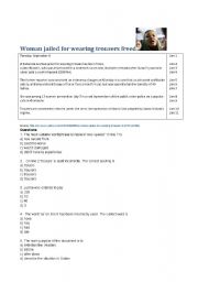 English worksheet: Woman jailed for wearing trousers freed