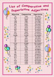 List of Comparative and Superlative Adjectives - ESL worksheet by