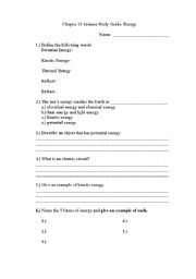 English Worksheet: Chapter 13 Science Study Guide