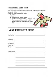 Describe lost property - easy writing task to fill in a form - ESL
