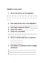 English worksheet: Alphabet/ CVC Review Sheet