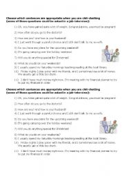 English Worksheet: Chit Chat - appropriate questions