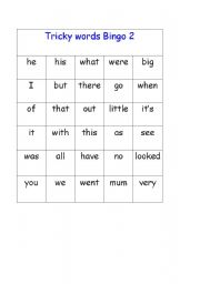 English worksheet: Tricky words bingo