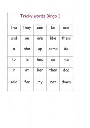 English worksheet: Tricky words bingo 1