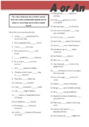 English Worksheet: A or An (36 sentences)