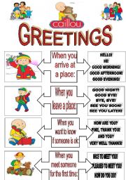 English Worksheet: CALLIOU HELLO SONG.FULLY EDITABLE.(3 pages) LIST OF GREETINGS+EXERCISES+SONG