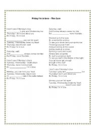 English Worksheet: Song: Friday Im in Love - The Cure