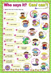 English Worksheet: Who says it?  -  Modal Verbs (1)  -   Can/ Cant