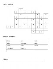 English worksheet: wild animal crossword for kids