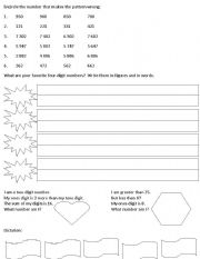English worksheet: Math pattern, words, value, place value
