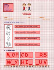 English worksheet: English Test, 3 Pages: Use of Her/ His - The ABC - Spelling - Furnitures - In/On/Under - Numbers 1/20  