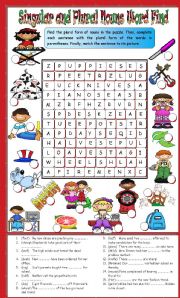 Singular and Plural Nouns Word Find and Sentence Completion