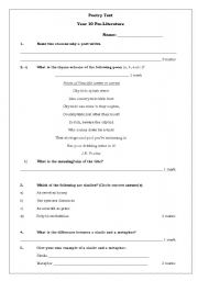 english worksheets poetry test year 10 pre literature