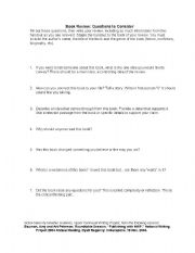 English Worksheet: Book Review Questions to Consider