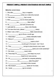English Worksheet: PRESENT SIMPLE, PRESENT CONTINUOUS OR PAST SIMPLE