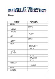English worksheet: Irregular verbs test